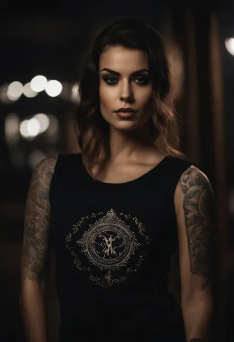 mulher gotica real tatuada de camiseta lisa preta , majo, realista, modelo