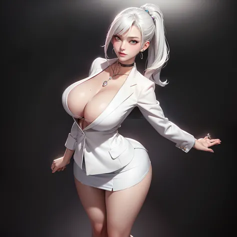 best qualtiy，Full body like，Cinema lenses，Refined face，pretty  face，20yo woman，ssmile，slimfigure，medium chest circumference，Office president white petticoat，Delicate and gorgeous white blazer，Office wear，Beth，interior scenes，office room，Open the collar，Exp...