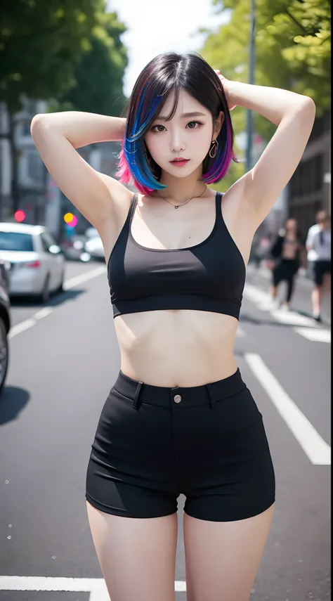 NSFW, casual outfit, street style, transparent black short pants, Plump Goddess, showing armpit, black transparent croptop, braless, taken with canon 5d mk4, multicoloured hair, wolvy hair