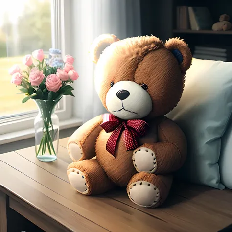 Flowers in a gift box stand on the table near a teddy bear