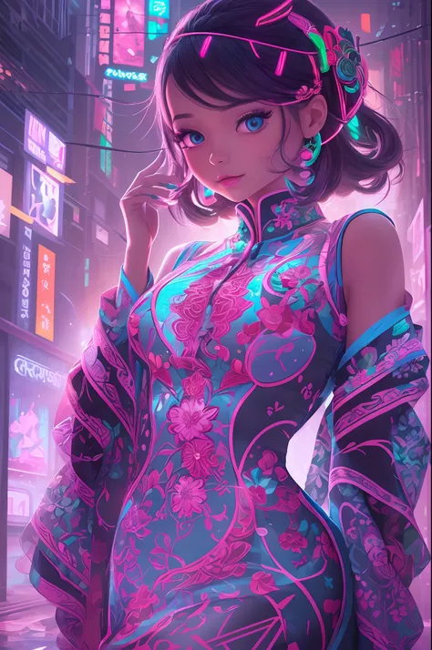 A digital girl, partly hologram, wearing a saxy Cheongsam dress, surrounded by vibrant colors and neon lights. Lit by soft studio lighting, the image captures the essence of futuristic technology blended with traditional fashion. The girl has flawless, det...