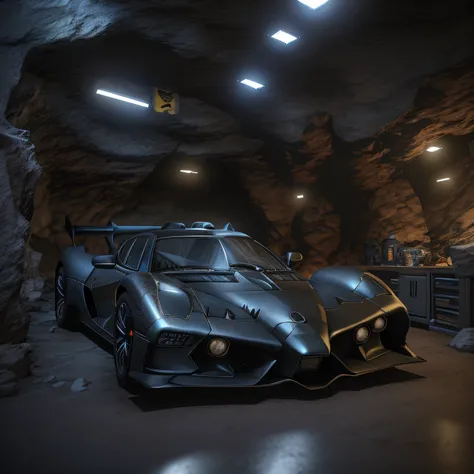 1 batmobile inside the batcave, photorealism, best quality, masterpiece, high resolution:1.2, award winning, night time, a dark cave in the background, indoors, photo-realistic, ultra-realistic, octane render