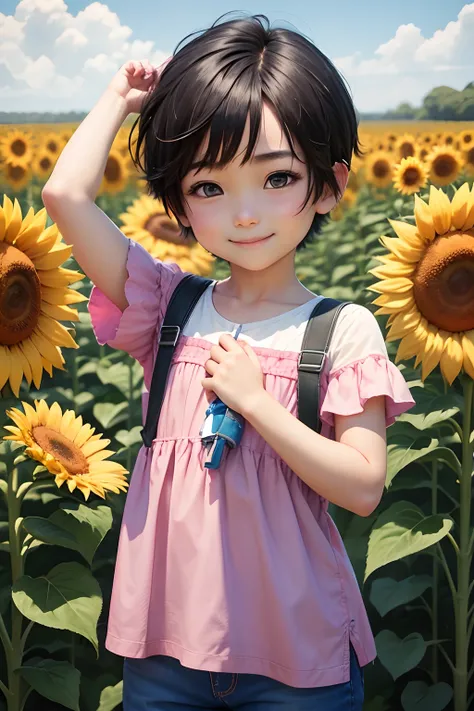 suns、blue-sky、sunflowers fields、１Male child（6years old、short-haired、big eye、Shorts jeans、A smile）with  the１girl with（6years old、short-hair、big eye、A smile、Pink dress）、Bigger background