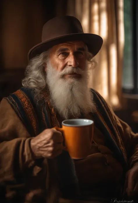 realistic portrait of a wise old man holding a mug and ((cabelos longos e grisalhos, barba longa e grisalha)). The environment is immersive with realistic details and the lighting is perfect to give drama and depth to the scene., Mechanical photo: Realisti...