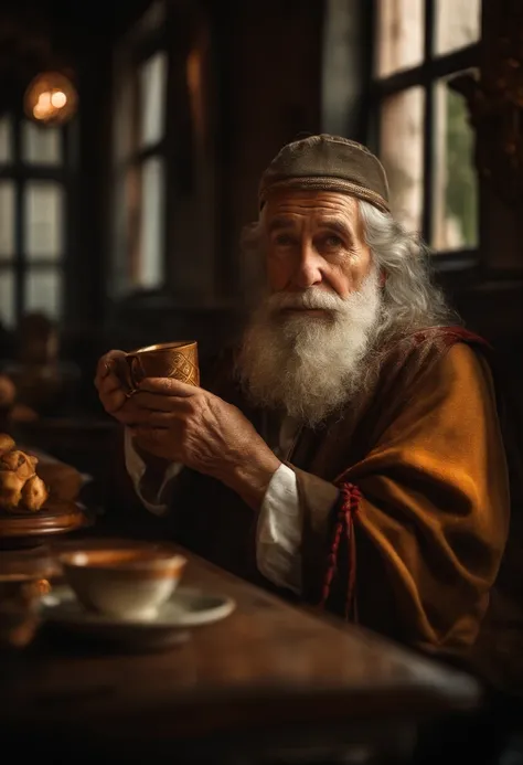 realistic portrait of a wise old man holding a mug and ((cabelos longos e grisalhos, barba longa e grisalha)). The environment is immersive with realistic details and the lighting is perfect to give drama and depth to the scene., Mechanical photo: Realisti...