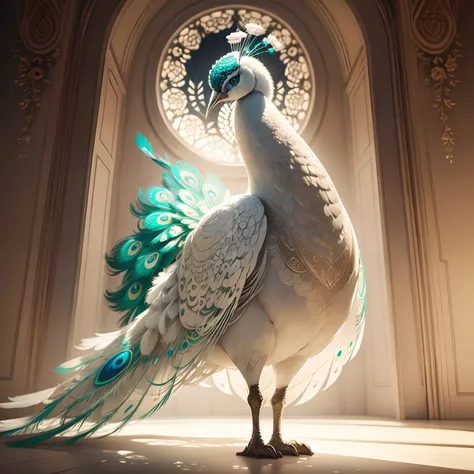 bestquality, Amazing artwork of beautiful white peacock., intricate detailed, (best shadows), Elegant, Voluminetric Light