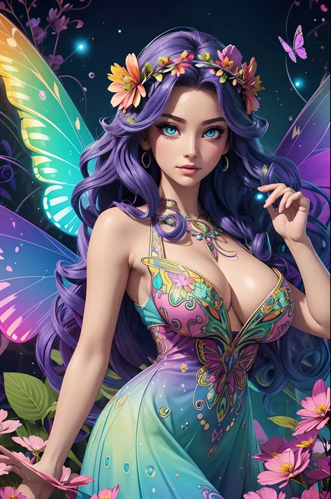 best quality,ultra-detailed,realistic,psychedelic,recursive,girl,beautiful detailed eyes,beautiful detailed lips,extremely detailed eyes and face,longeyelashes,curly hair,colored hair,flower crown,ethereal beauty,flowing dress,butterfly wings,floating in m...