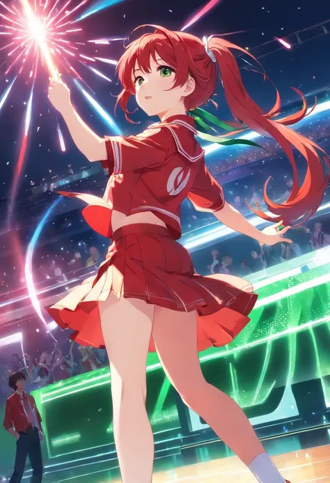 1idol girl is singing and dancing, red uniform, red hair band, white shoes, long hair, green hair, bright green eyes, music studio, thousands of spectators, light sticks, very detailed