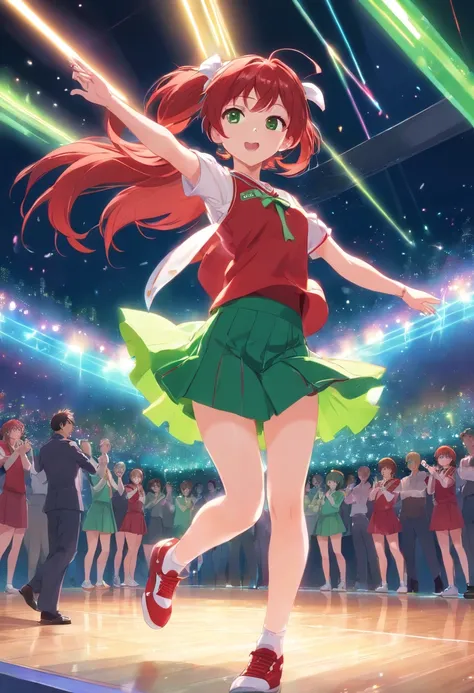 1idol girl is singing and dancing, red uniform, red hair band, white shoes, long hair, green hair, bright green eyes, music studio, thousands of spectators, light sticks, very detailed