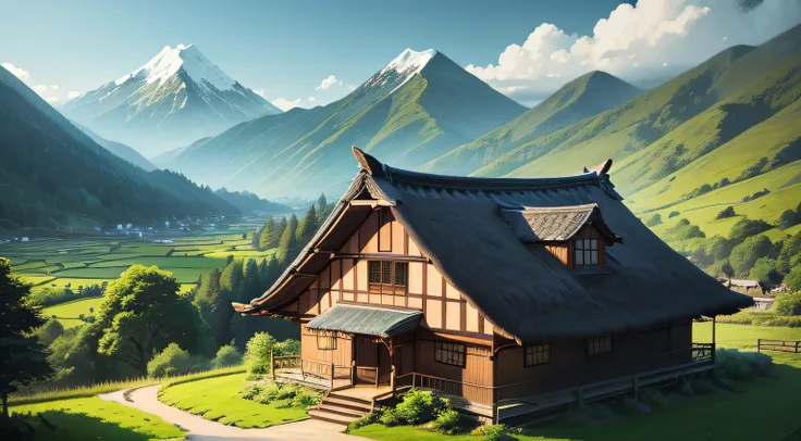 Landscape painting、(illustratio:1.3)、jpn、Thatched house in the forest、Mountains in the distance々、idyllic scenery、