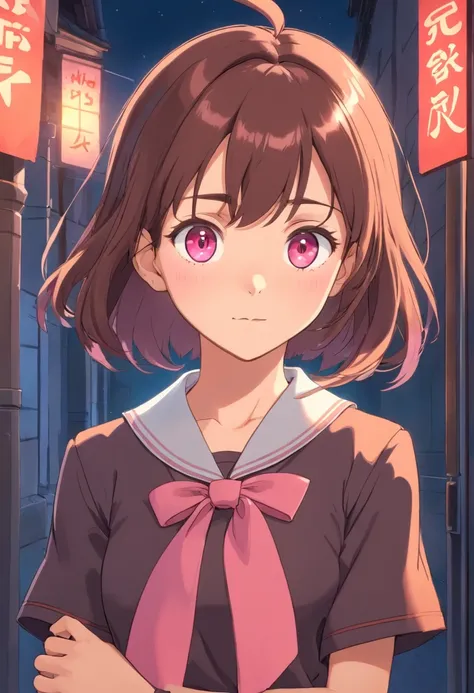 Beautiful anime japanese girl in dark school uniform of the 1980s, !! dark brown shirt !!, !! pink elastic band on the hair on the right !!, Beautiful dark scarlet eyes, lack of bangs, looks at the viewer, orange school tie , light beige shoulder-length ha...