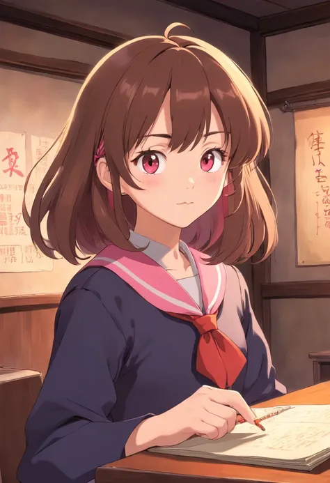 Beautiful anime japanese girl in dark school uniform of the 1980s, !! dark brown shirt !!, !! pink elastic band on the hair on the right !!, Beautiful dark scarlet eyes, lack of bangs, looks at the viewer, orange school tie , light beige shoulder-length ha...