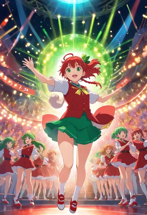 1idol girl is singing and dancing, red uniform, red hair band, white shoes, long hair, green hair, bright green eyes, music studio, thousands of spectators, light sticks, very detailed