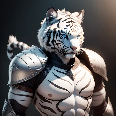 Super cute white tiger warrior in 4K realistic armor, super detailed, vray display, unrealistic engine, midjourneyart style.