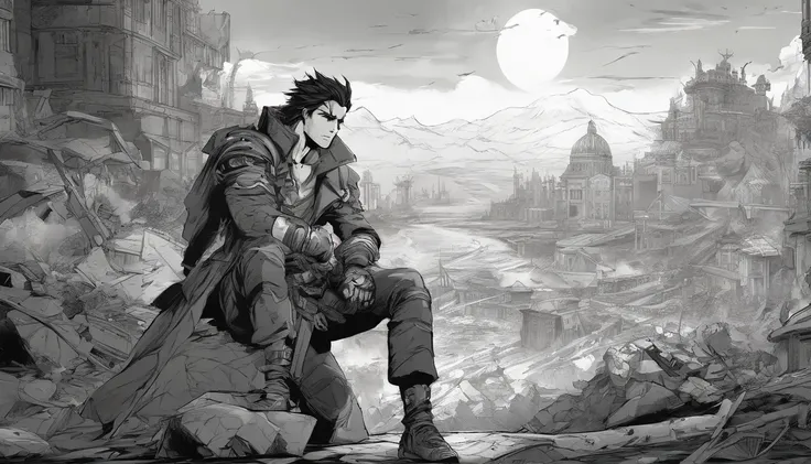 An 8K image of a stylish and eye-catching anime hero in a black and white filter, showing his actions to save the world, fighting villains and showing kindness. The image has perfect lighting and vibrant illustrations, with maximum quality and attention to...