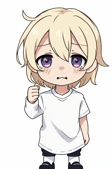 Very cute and cute little anime boy、((Chibis Deformed Boy))、Crying face、a blond、white  shirt、cute  face、without background、full body Esbian、is standing、very detailed face and eyes、Clearly outlined、独奏、Thumbs up