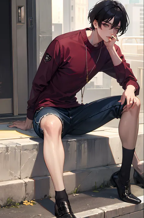 Jungkook fumando cigarro, sitting on a realistic sidewalk