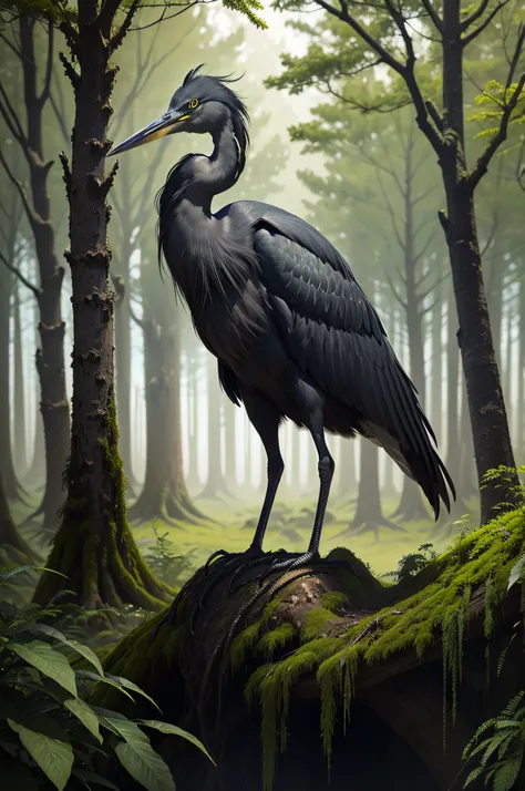 Black heron in the forest