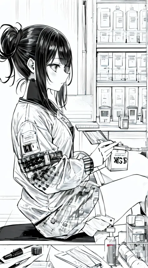 1girl, lineart, monochrome, girl sitting, syringe in hand, drug addiction, side view, multiple hands, Extremely beautiful clothes(different stlyes), blood, shock512, detailed skin texture, (blush:0.5), (goosebumps:0.5), subsurface scattering