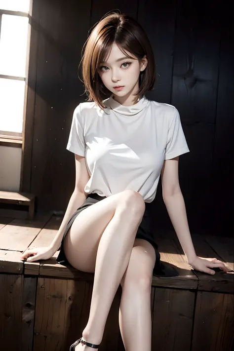 Top image quality、Raw photography、超A high resolution、An 18-year-old woman、Shooting for one person only、modelshoot、Autumn outfit、Beautiful Eyes of Details、very elongated eyes、Beautiful eyelashes、Beautiful double eyelids、Black walls、very slender legs、Shortha...