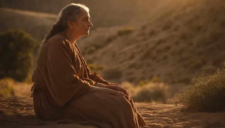 Ruth is a woman and biblical character, Ruth is talking to another older woman, They are people of Israel, Theyre wearing their old robes., The older woman is sad, Ruth is helping the older woman, Theyre in a sunny place, are in a spacious place, they are ...