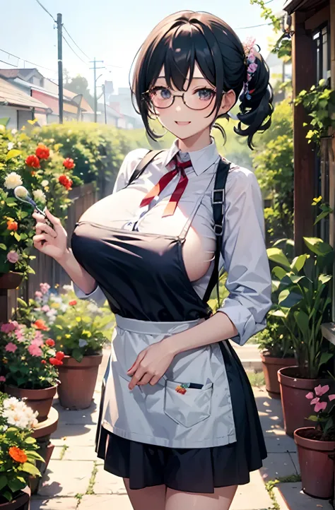 Naked overalls woman is gardening、Colorful flowers around 、Hanikami smile、Pill glasses、huge tit、Braids、