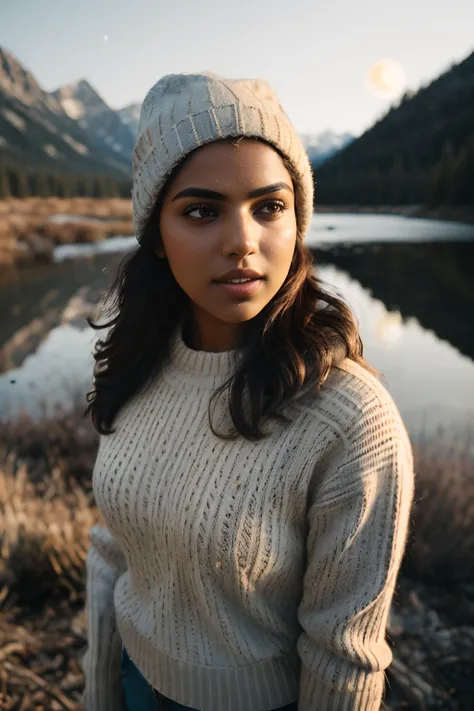 Amala Paul ((upper body selfie, happy)), masterpiece, best quality, ultra-detailed,  solo, outdoors, (night), mountains, nature, (stars, moon)   cheerful, happy, backpack, sleeping bag, camping stove, water bottle, mountain boots, gloves, sweater, hat, fla...