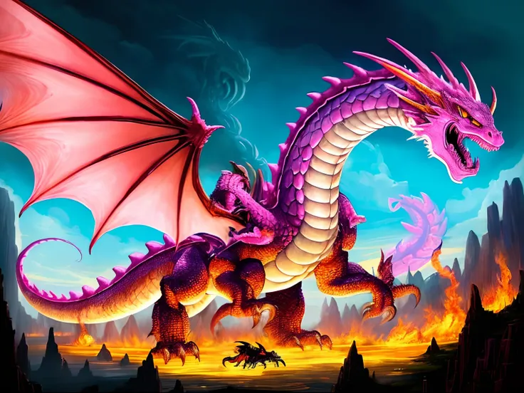 a close up of a dragon with a fire on its back, legendary dragon, dragon in dragon lair, massive pink dragon!!!, colossal dragon as background, colossal dragon in background, draconic looking armor, epic dragon, dragon ancient full plate armor, dragon armo...