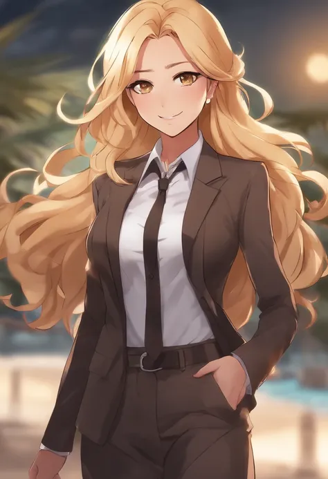 An edgy, tan, female, in an shoujo anime style, with shading, blonde chest length hair, laughing wearing a suit,