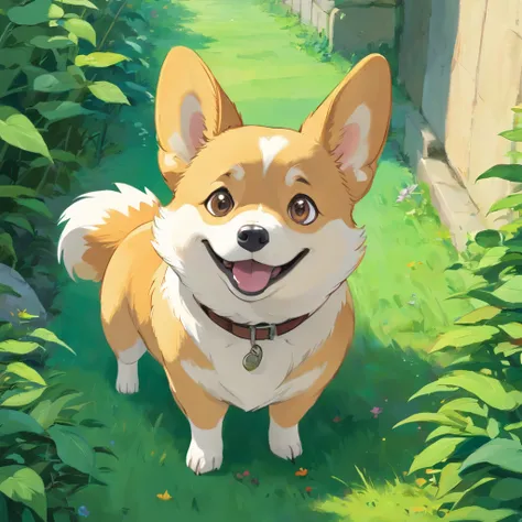 A corgie looking into the camera with a look of surprise and confusion, Looking with his head turned sideways, num lindo jardim