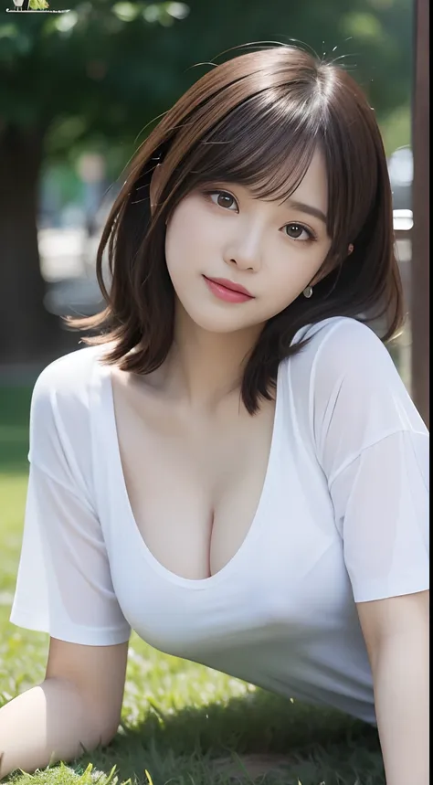 Innocent 20 year old girl、((Oversized white T-shirt,Dramatic poses)),Smile,short-cut,Park background、Raw photo, (8K、top-quality、​masterpiece:1.2)、(intricate detailes:1.4)、(Photorealsitic:1.4)、octane renderings、Complex 3D rendering ultra detail, Studio Soft...