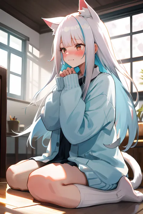 one girl with long hair, white hair, looking away, embarrassed, blushing, :3, indoor, naked oversized shirt, cardigan, thigh , c...