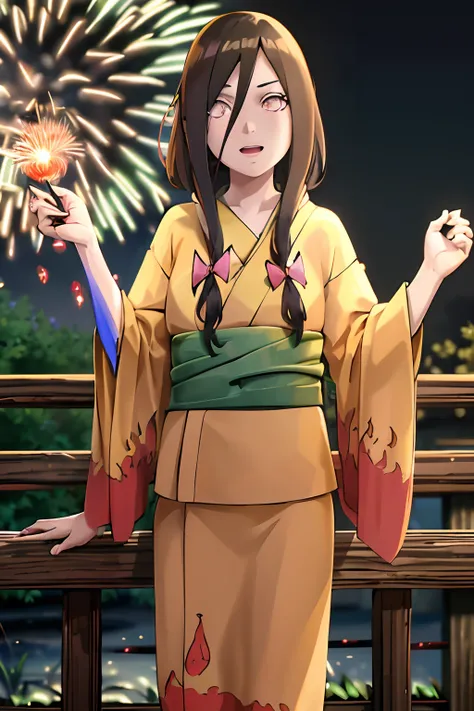 masterpiece, absurdres , (intricate details), (colorful),cinematic lighting,bust shot,extremely detailed CG unity 8k wallpaper ,hana , flame print kimono, outdoors, fireworks, railing,  obi, hair bow,