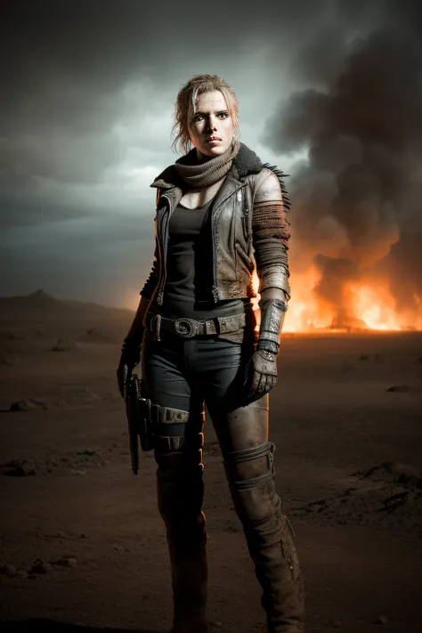 Portrait 1 young woman ,Science fiction, Complex background puncture, Mad MAX , Futuristic, Post-apocalyptic, Dark, Dim light, ((masutepiece, Best Quality, )),