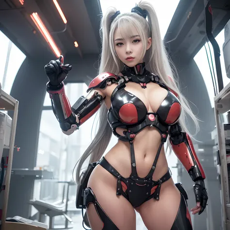 Beautiful Face,face is Japan, 1 Woman, Big, Curvaceous, (16k, RAW photo, top quality, masterpiece: 1.2), (HDR, Realistic, Photorealistic: 1.37) (tube attached to the body), (Bikini Cyborg robot parts)))), (light gray hair), Long hair, Wavy hair, Twin tails...