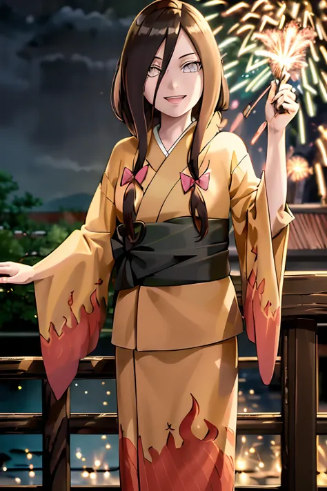 masterpiece, absurdres , (intricate details), (colorful),cinematic lighting,bust shot,extremely detailed CG unity 8k wallpaper ,hana , flame print kimono, outdoors, fireworks, railing,  obi, hair bow, smile