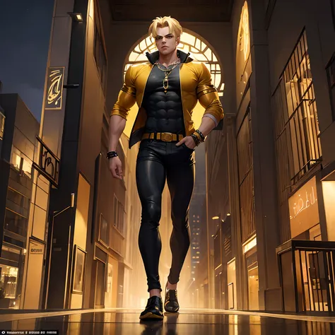 ((masterpiece, Best quality)) Full body image, Dio from JoJo, very muscular, walking towards the viewer, in Cairo, Night, Yellow jacket, black jeans