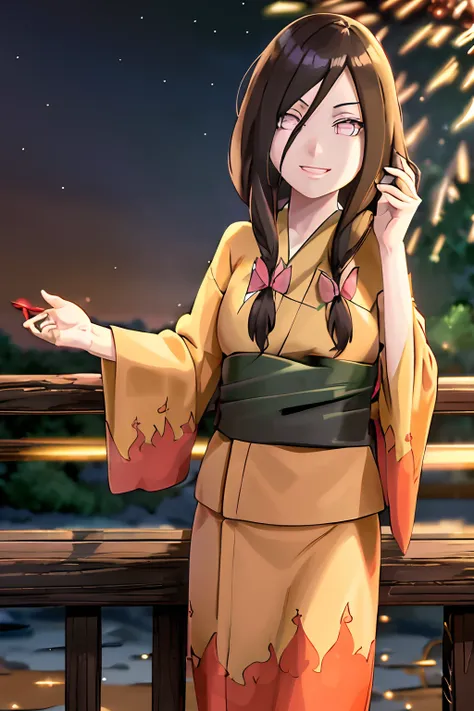 masterpiece, absurdres , (intricate details), (colorful),cinematic lighting,bust shot,extremely detailed CG unity 8k wallpaper ,hana , flame print kimono, outdoors, fireworks, railing,  obi, hair bow, smile