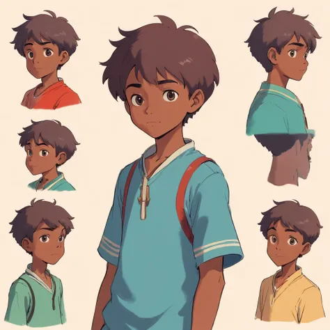 A young African boy, character design sheet, character turnaround