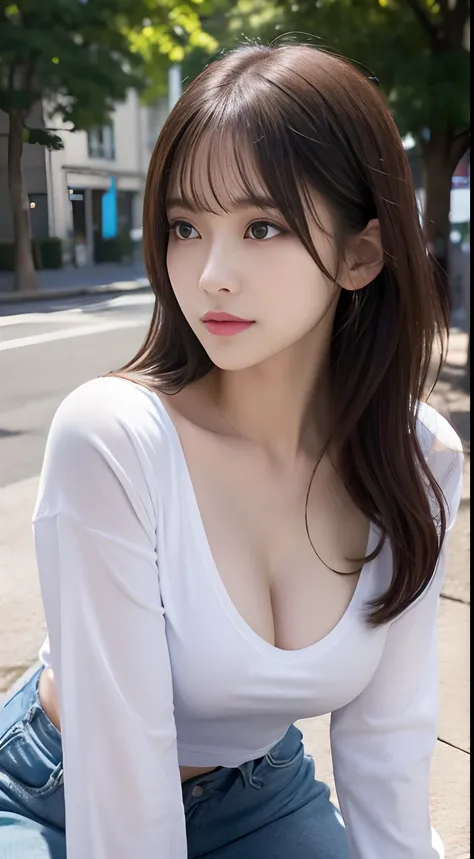 Innocent 20 year old girl、((Oversized white T-shirt,Dramatic poses、The chest is open)),Smile,short-cut,Park background、Raw photo, (8K、top-quality、​masterpiece:1.2)、(intricate detailes:1.4)、(Photorealsitic:1.4)、octane renderings、Complex 3D rendering ultra d...