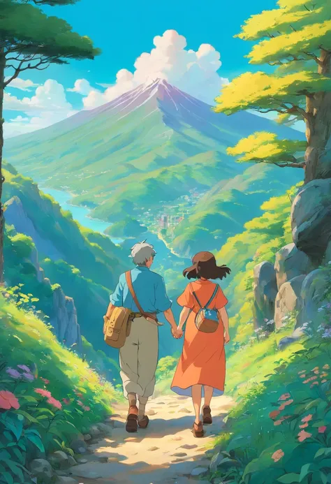 Mother, father, daughter, walking happily on a mountain trip, in the style of tranquil gardenscapes, colorful animation stills, masami teraoka, aquamarine, paul gauguin, Embry style, honest portrayal