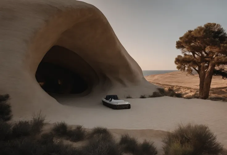 a photo of a cave style brutalist concrete architecture structure residence in sarakiniko beach Greece, during sunset, highly detailed, and a human figure far way standing wearing rick owens looking at the building, medium format,