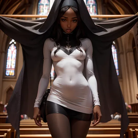 Slender black woman masturbating in front of a crowded church.