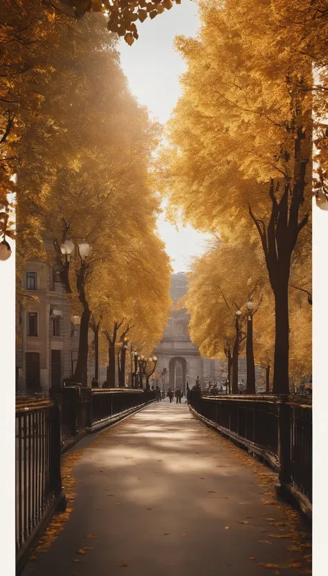 high-level image quality，(8K, realisitic, Raw foto, top-quality: 1.4), Ultra-wide angle of view，Beautiful city in autumn，buliding,Gingko tree，Bridge parapet,Daytime，Sheer sunlight,Colored leaves，high quarity，super-fine，Hyper-realistic，Ultra photo realsisim...