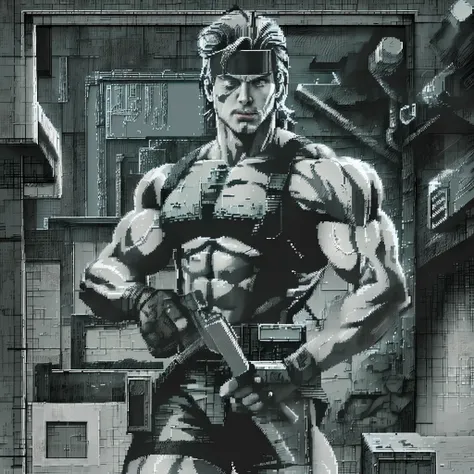 solid snake highly detailed old 80's video game instruction manual illustration, slightly pixelated, grain et bruit.