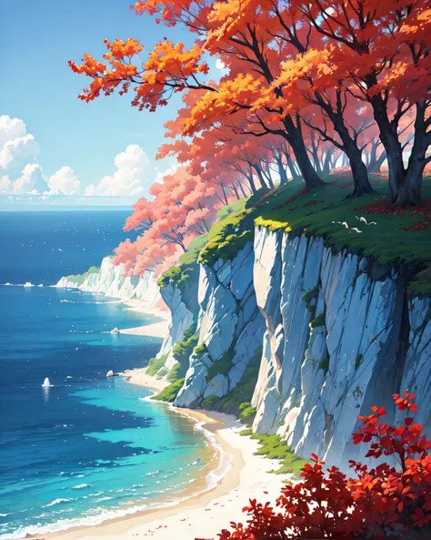 Nature in the morning, sunshine, nobody, graphic ultra HD, anime detailed, sky with clouds, no person, high quality, with red trees, beach with waves, ocean, houses, island, fallen leaves, spring, upscale, not bad view, perfect view, most, water vapor, wat...