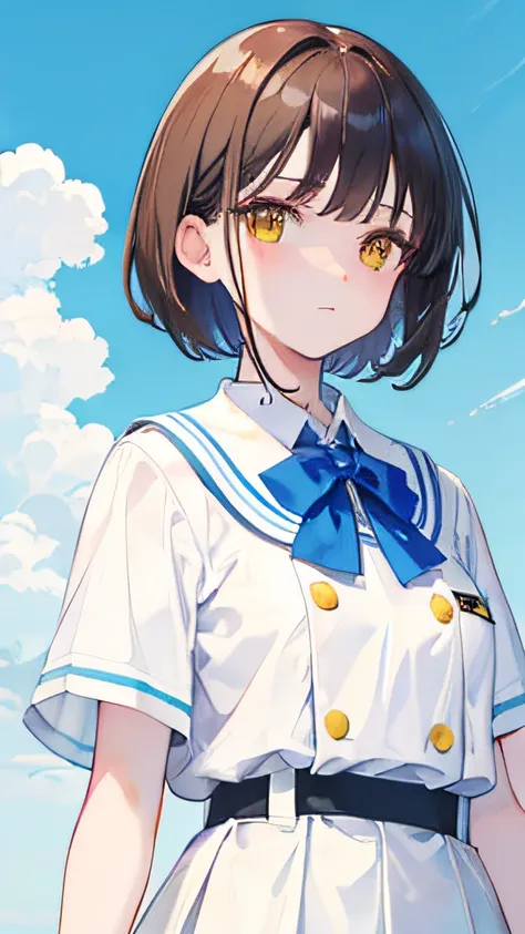 brunette color hair，short detailed hair，By bangs，Yellow eyes，adolable，teens girl，White JK uniform，the sky background，with blue sky and white clouds