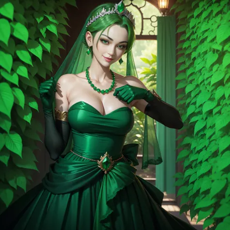 emerald tiara, Green Pearl Necklace, Boyish very short green hair, lipsticks, Japan woman smiling, very short short hair, fist, big breasts beautiful, Green eyes, Long green gloves made of satin material, Green eyes, Emerald Earrings