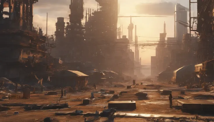 a desolate, post-apocalyptic cityscape, where humans huddle in fear, surrounded by towering, menacing robots - cinematic, drama, lighting, 16:9.