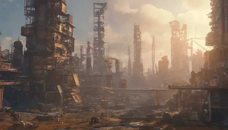 a desolate, post-apocalyptic cityscape, where humans huddle in fear, surrounded by towering, menacing robots - cinematic, drama, lighting, 16:9.